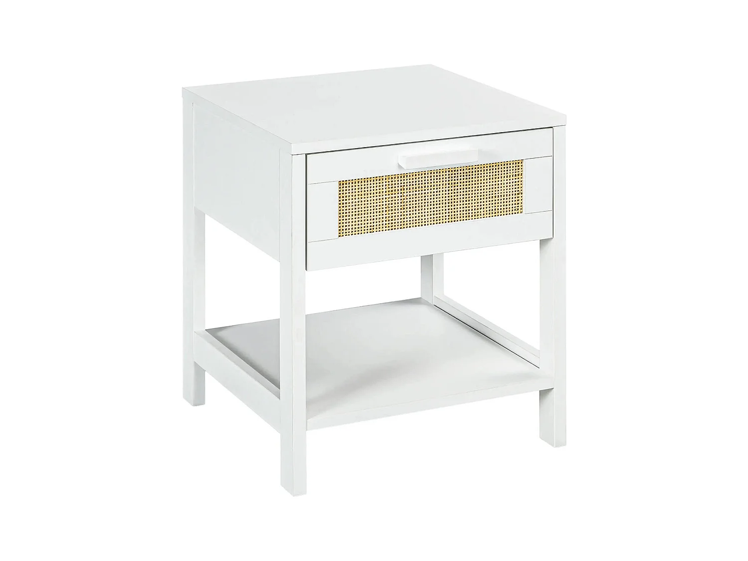 Table de chevet table de nuit avec tiroir et étagère, cannage en rotin, dim. 40L x 40l x 48H cm， blanc