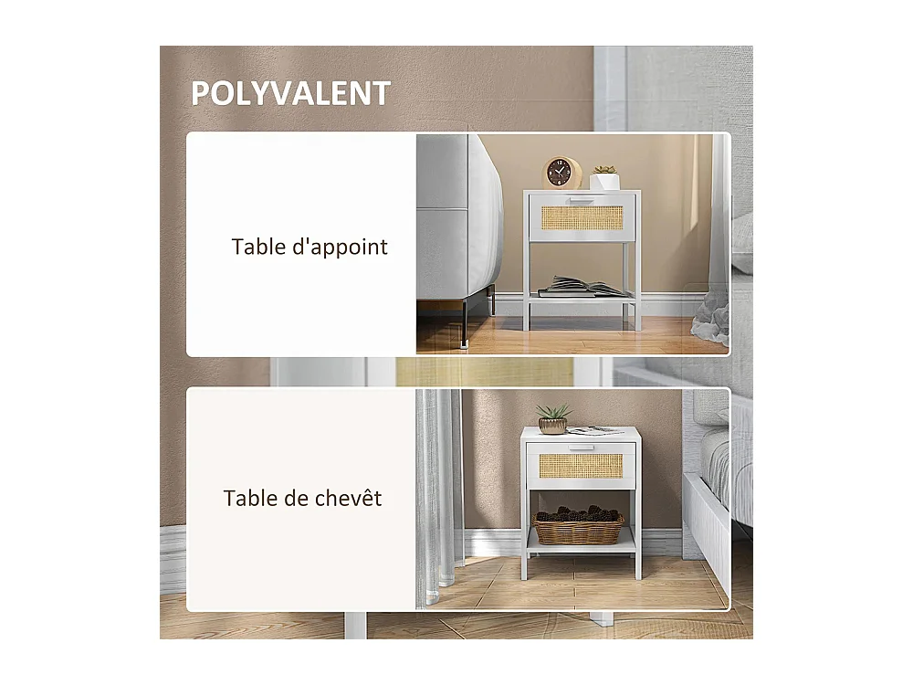 Table de chevet table de nuit avec tiroir et étagère, cannage en rotin, dim. 40L x 40l x 48H cm， blanc