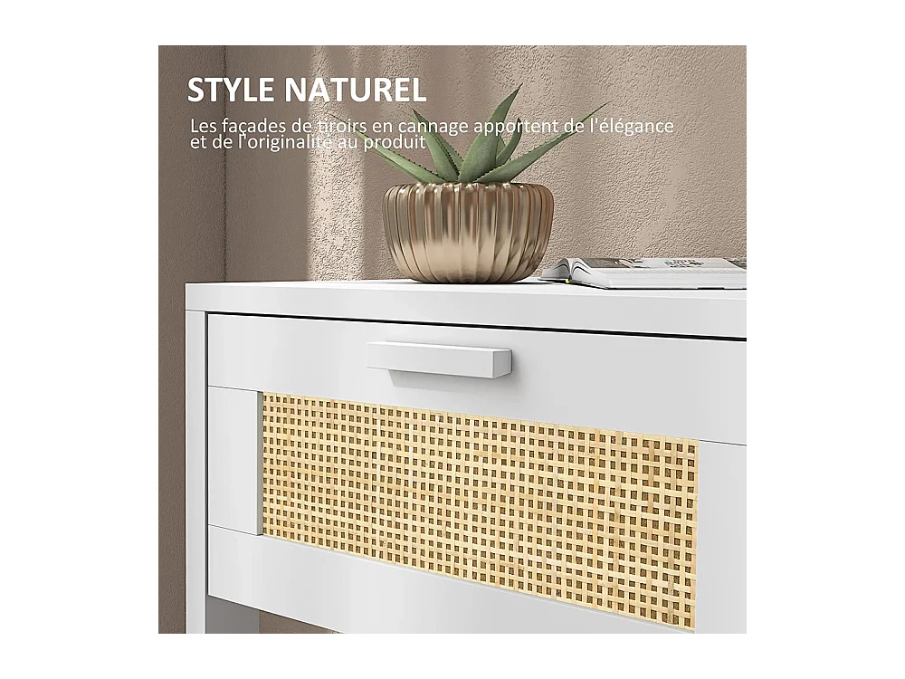 Table de chevet table de nuit avec tiroir et étagère, cannage en rotin, dim. 40L x 40l x 48H cm， blanc