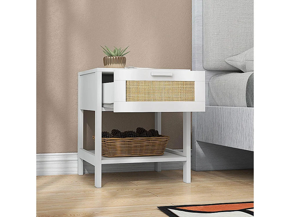 Table de chevet table de nuit avec tiroir et étagère, cannage en rotin, dim. 40L x 40l x 48H cm， blanc