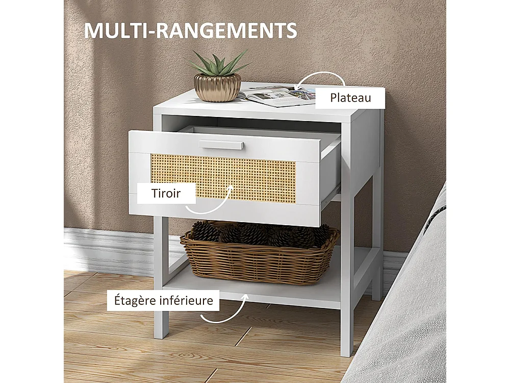 Table de chevet table de nuit avec tiroir et étagère, cannage en rotin, dim. 40L x 40l x 48H cm， blanc