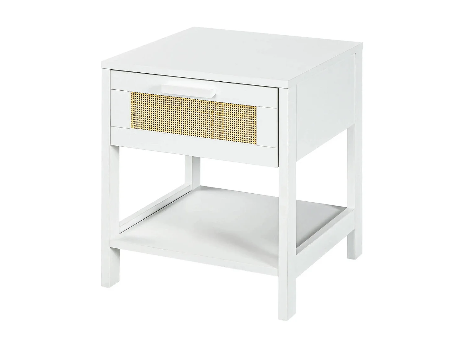 Table de chevet table de nuit avec tiroir et étagère, cannage en rotin, dim. 40L x 40l x 48H cm， blanc