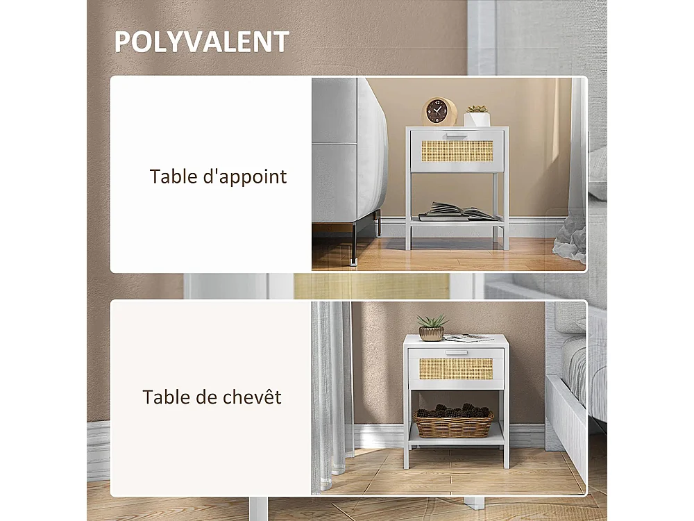 Table de chevet table de nuit avec tiroir et étagère, cannage en rotin, dim. 40L x 40l x 48H cm， blanc