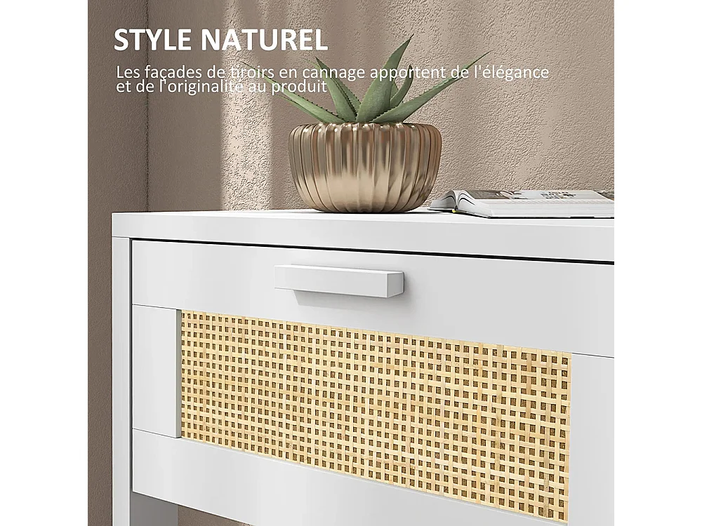 Table de chevet table de nuit avec tiroir et étagère, cannage en rotin, dim. 40L x 40l x 48H cm， blanc
