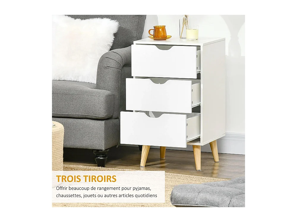 Table de chevet avec 3 tiroirs, style nordique, dimensions : 40 x 35 x 68,5 cm, couleur blanche.