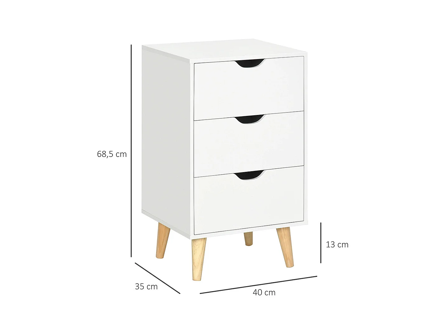 Table de chevet avec 3 tiroirs, style nordique, dimensions : 40 x 35 x 68,5 cm, couleur blanche.