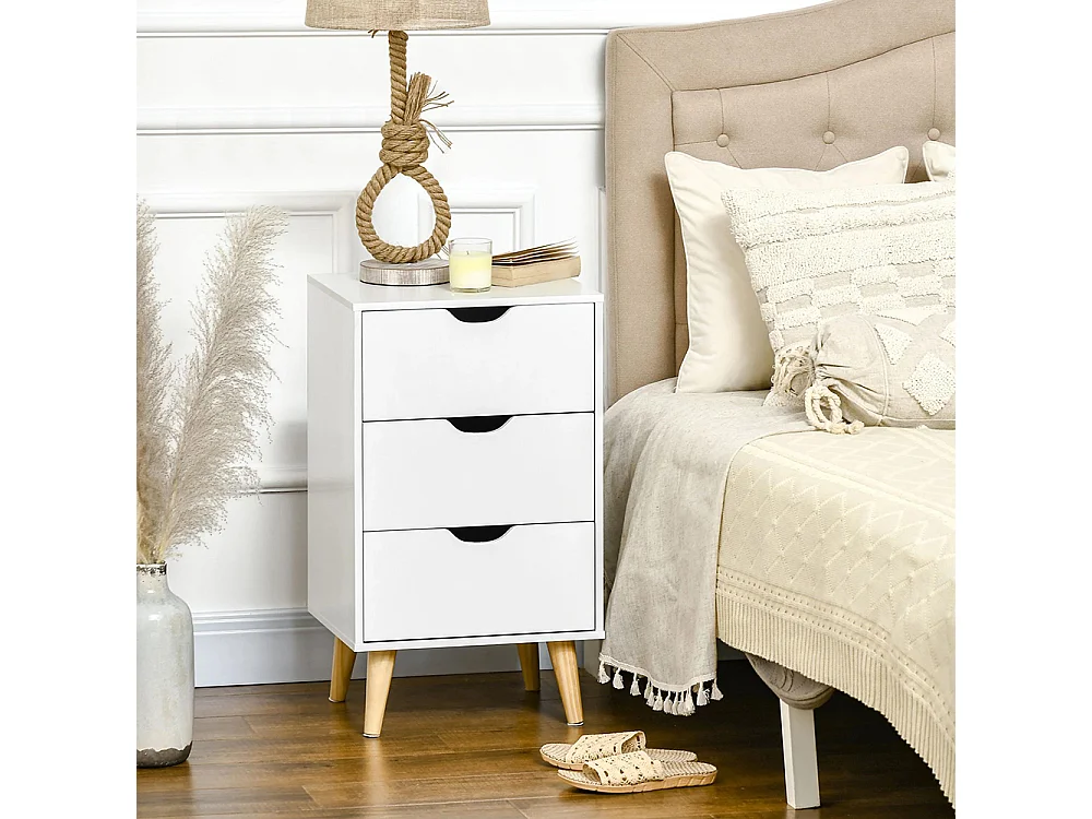 Table de chevet avec 3 tiroirs, style nordique, dimensions : 40 x 35 x 68,5 cm, couleur blanche.