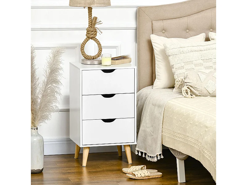 Table de chevet avec 3 tiroirs, style nordique, dimensions : 40 x 35 x 68,5 cm, couleur blanche.