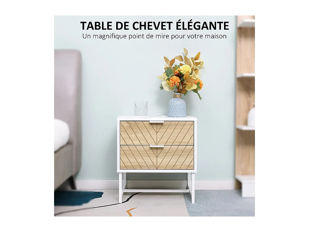 Table de chevet, table d'appoint, avec tiroir, structure en acier, dimensions : 45 x 39 x 48 cm, couleurs : blanc et chêne.