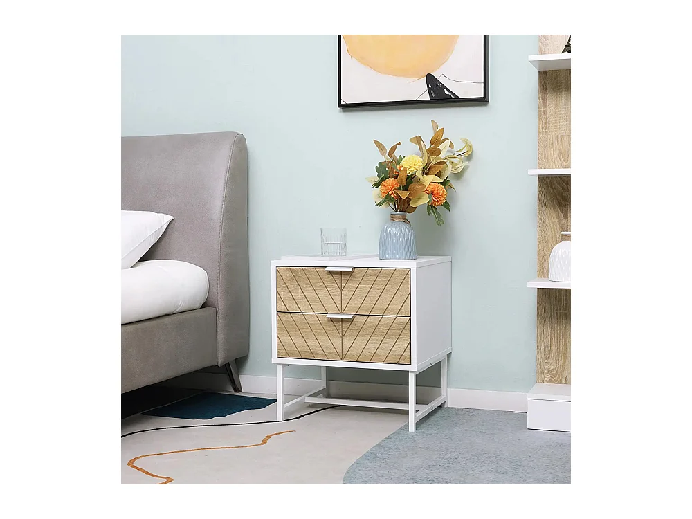 Table de chevet, table d'appoint, avec tiroir, structure en acier, dimensions : 45 x 39 x 48 cm, couleurs : blanc et chêne.