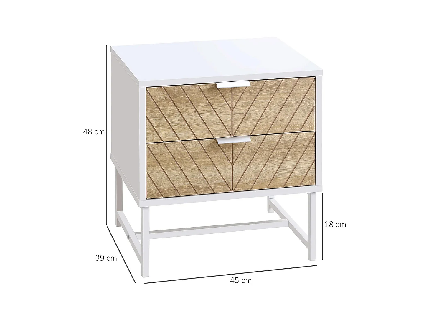 Table de chevet, table d'appoint, avec tiroir, structure en acier, dimensions : 45 x 39 x 48 cm, couleurs : blanc et chêne.