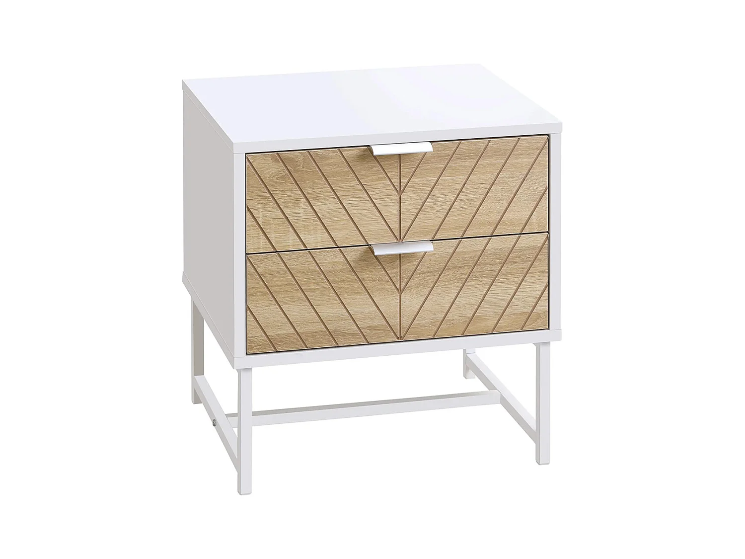 Table de chevet, table d'appoint, avec tiroir, structure en acier, dimensions : 45 x 39 x 48 cm, couleurs : blanc et chêne.