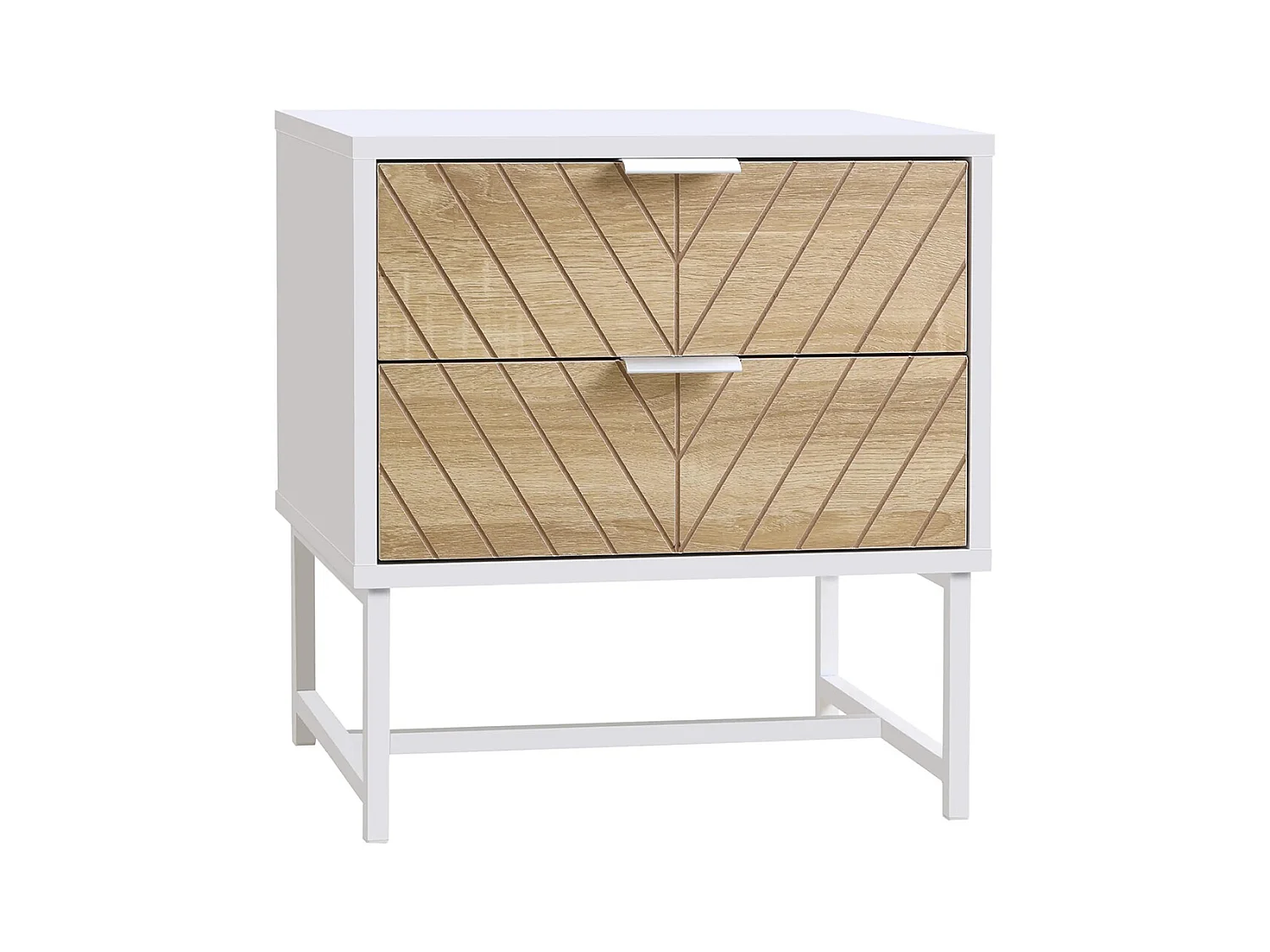 Table de chevet, table d'appoint, avec tiroir, structure en acier, dimensions : 45 x 39 x 48 cm, couleurs : blanc et chêne.