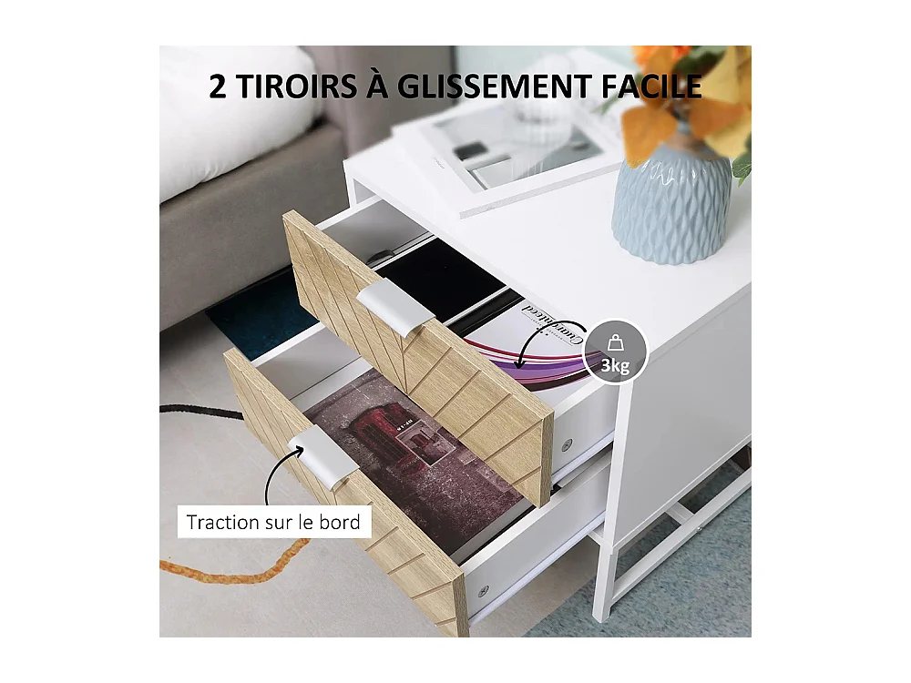Table de chevet, table d'appoint, avec tiroir, structure en acier, dimensions : 45 x 39 x 48 cm, couleurs : blanc et chêne.