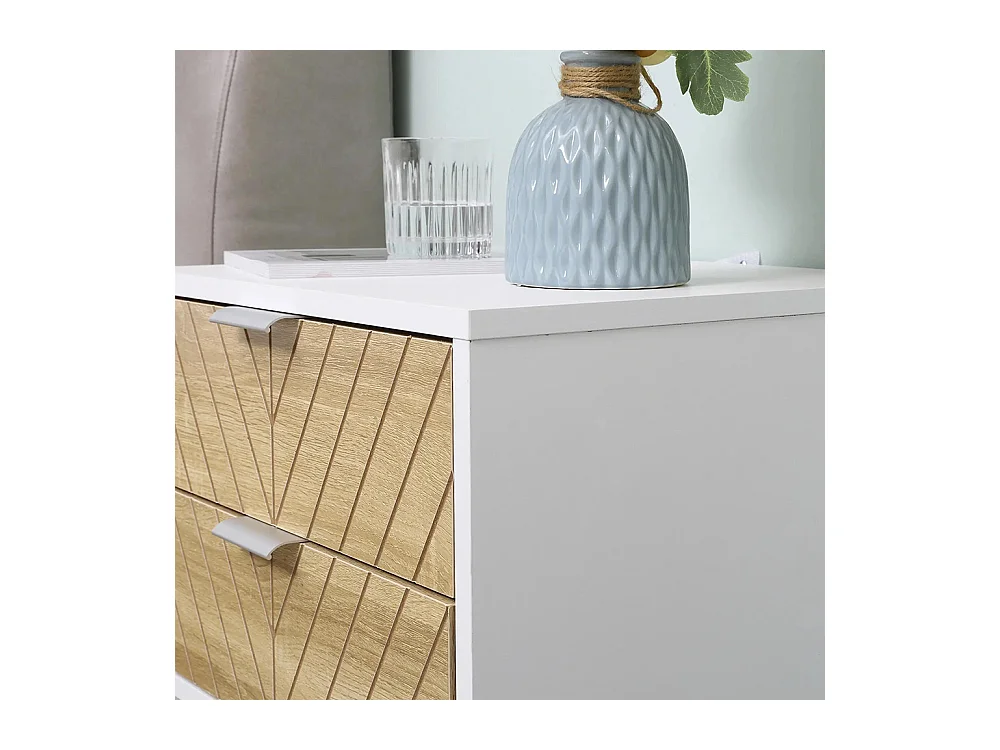 Table de chevet, table d'appoint, avec tiroir, structure en acier, dimensions : 45 x 39 x 48 cm, couleurs : blanc et chêne.