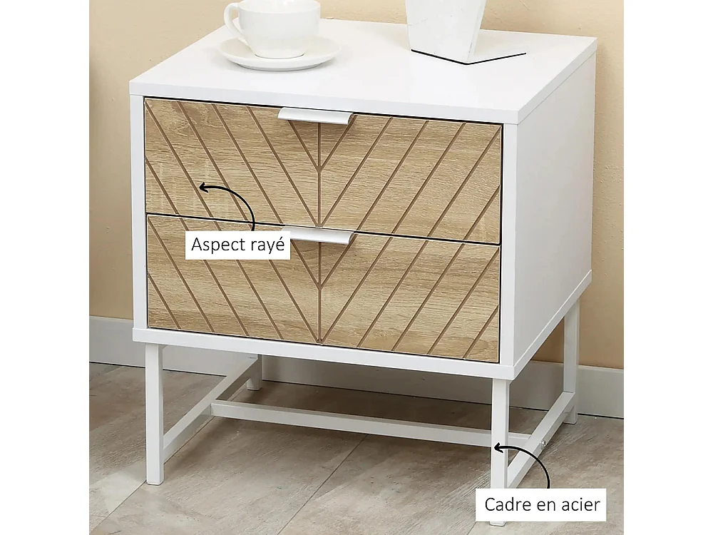 Table de chevet, table d'appoint, avec tiroir, structure en acier, dimensions : 45 x 39 x 48 cm, couleurs : blanc et chêne.