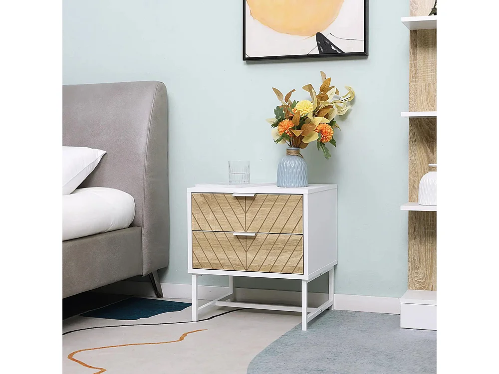 Table de chevet, table d'appoint, avec tiroir, structure en acier, dimensions : 45 x 39 x 48 cm, couleurs : blanc et chêne.