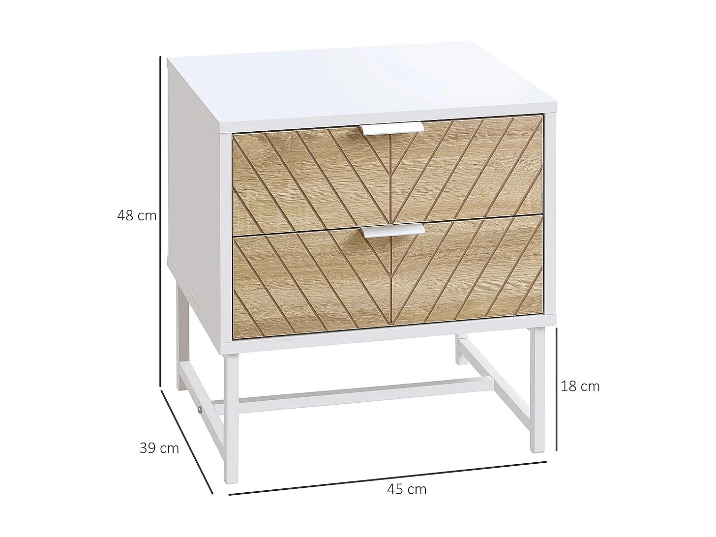 Table de chevet, table d'appoint, avec tiroir, structure en acier, dimensions : 45 x 39 x 48 cm, couleurs : blanc et chêne.