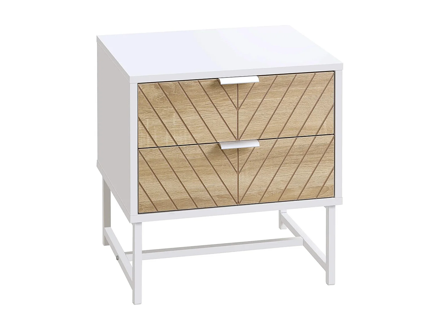 Table de chevet, table d'appoint, avec tiroir, structure en acier, dimensions : 45 x 39 x 48 cm, couleurs : blanc et chêne.