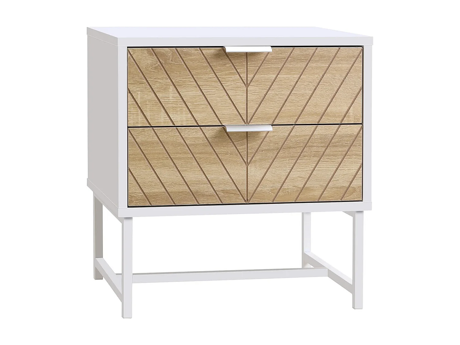 Table de chevet, table d'appoint, avec tiroir, structure en acier, dimensions : 45 x 39 x 48 cm, couleurs : blanc et chêne.