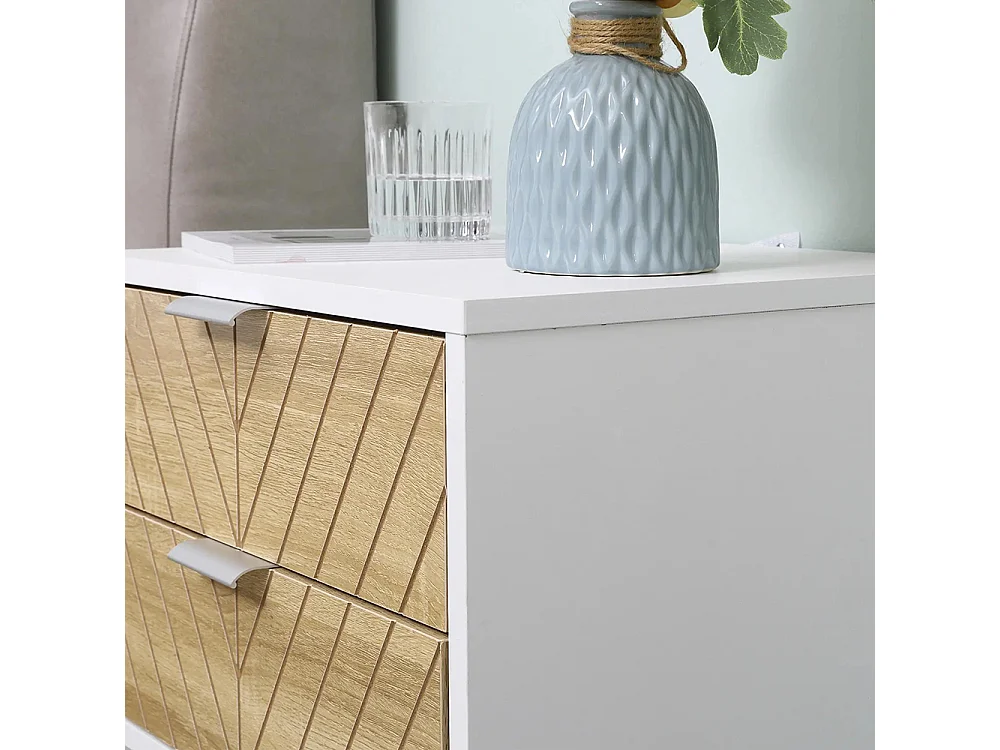 Table de chevet, table d'appoint, avec tiroir, structure en acier, dimensions : 45 x 39 x 48 cm, couleurs : blanc et chêne.