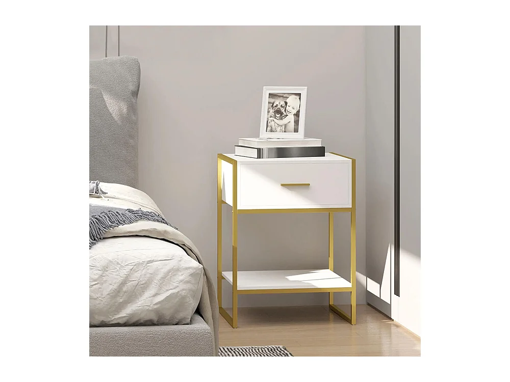 Table de chevet avec tiroirs, étagères et poignées, structure en acier, dimensions : 45 x 40 x 60 cm, couleur blanche.