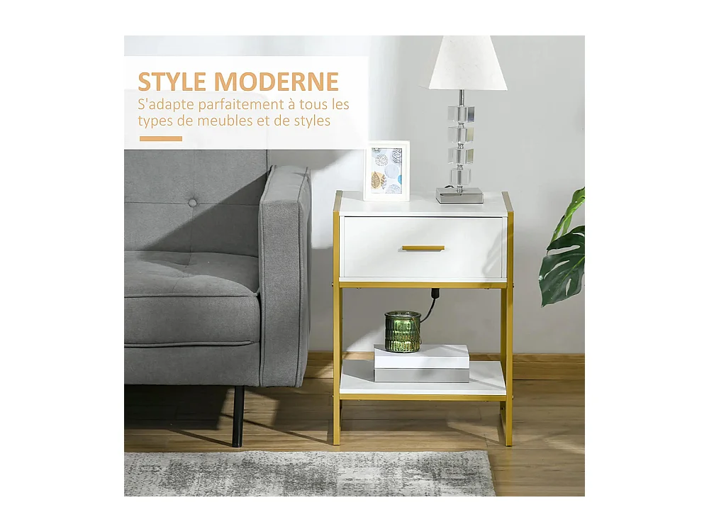 Table de chevet avec tiroirs, étagères et poignées, structure en acier, dimensions : 45 x 40 x 60 cm, couleur blanche.