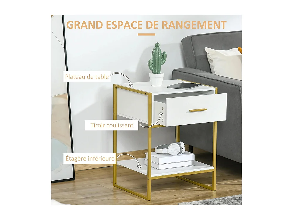 Table de chevet avec tiroirs, étagères et poignées, structure en acier, dimensions : 45 x 40 x 60 cm, couleur blanche.