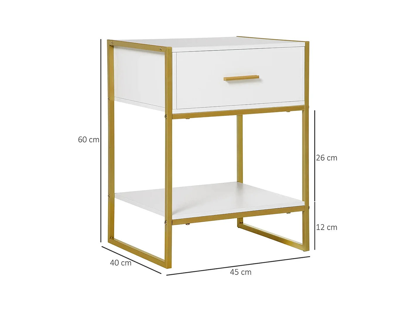 Table de chevet avec tiroirs, étagères et poignées, structure en acier, dimensions : 45 x 40 x 60 cm, couleur blanche.