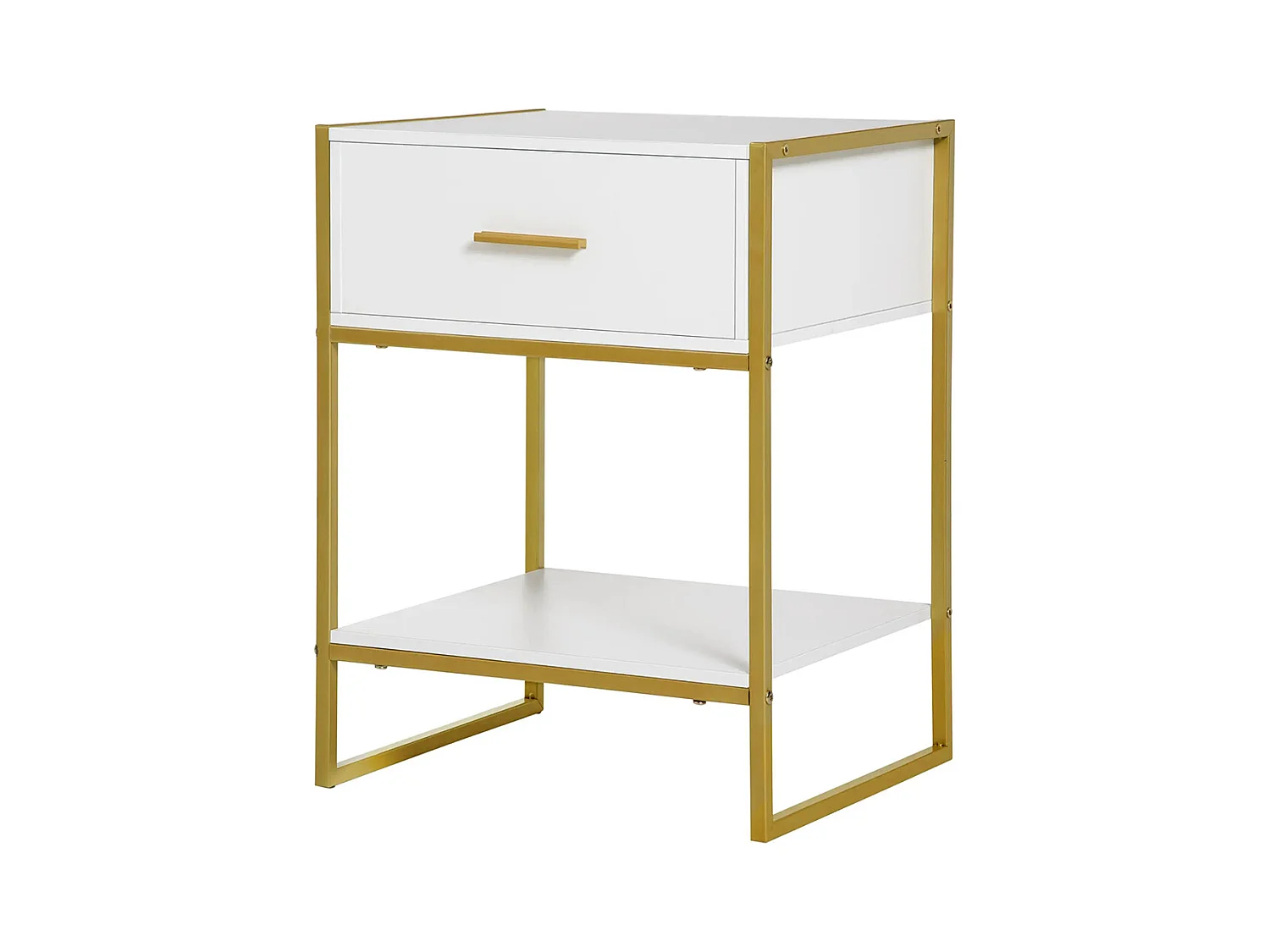 Table de chevet avec tiroirs, étagères et poignées, structure en acier, dimensions : 45 x 40 x 60 cm, couleur blanche.