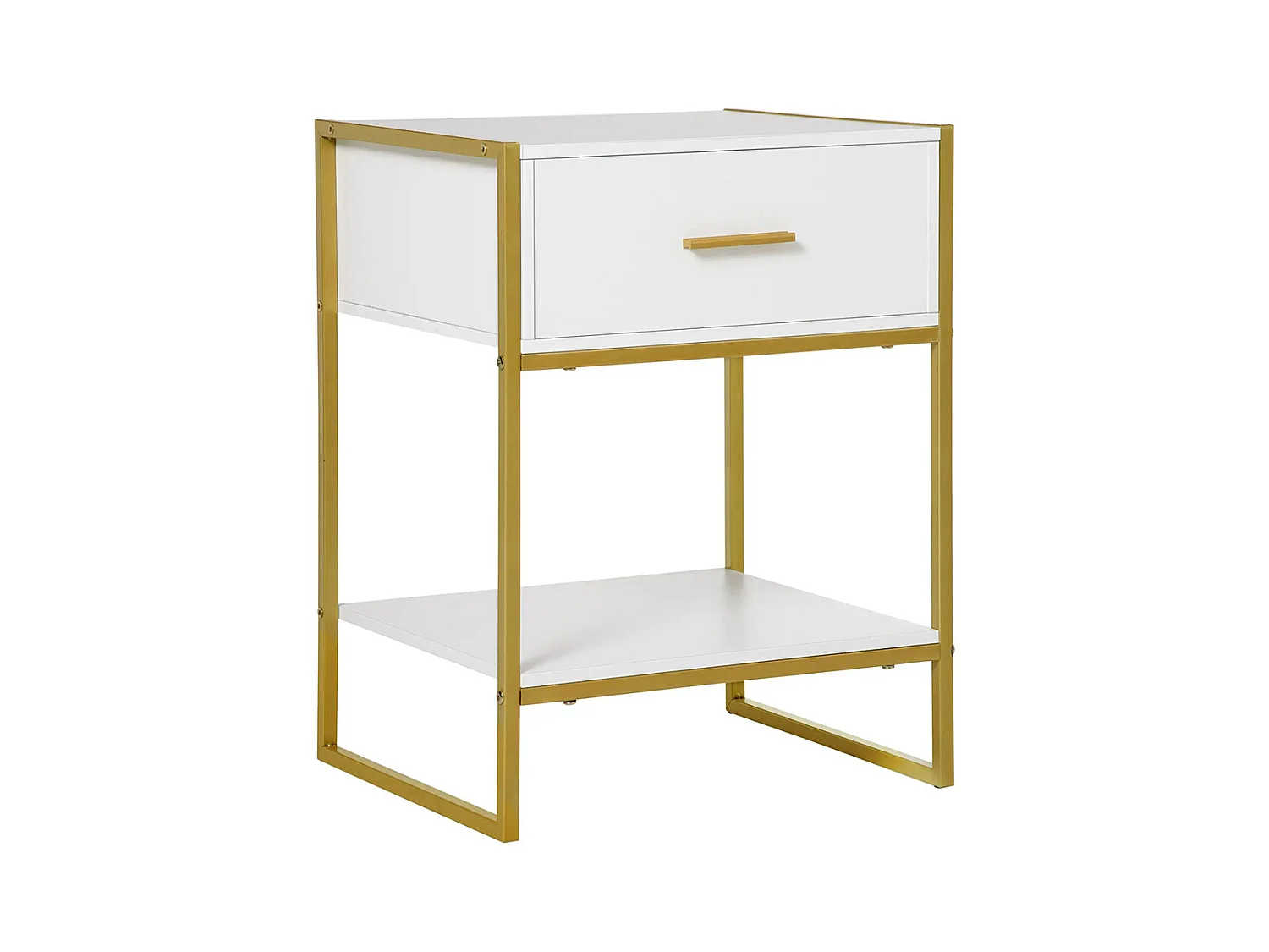 Table de chevet avec tiroirs, étagères et poignées, structure en acier, dimensions : 45 x 40 x 60 cm, couleur blanche.