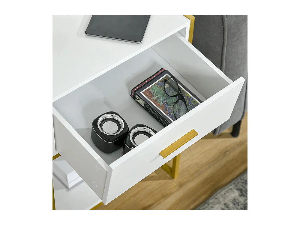Table de chevet avec tiroirs, étagères et poignées, structure en acier, dimensions : 45 x 40 x 60 cm, couleur blanche.