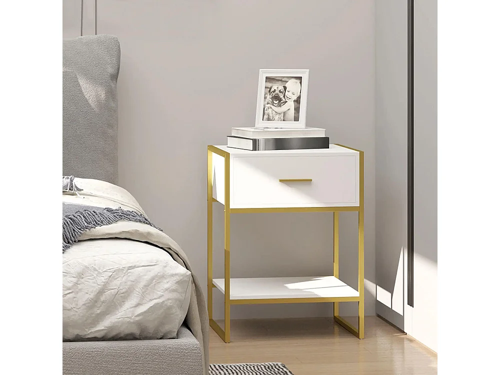 Table de chevet avec tiroirs, étagères et poignées, structure en acier, dimensions : 45 x 40 x 60 cm, couleur blanche.