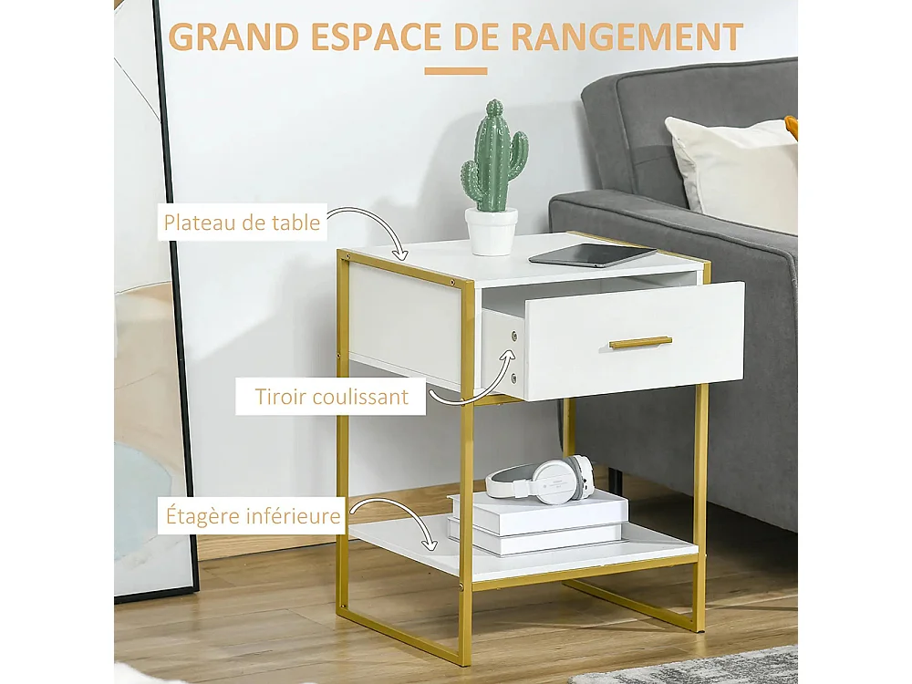 Table de chevet avec tiroirs, étagères et poignées, structure en acier, dimensions : 45 x 40 x 60 cm, couleur blanche.