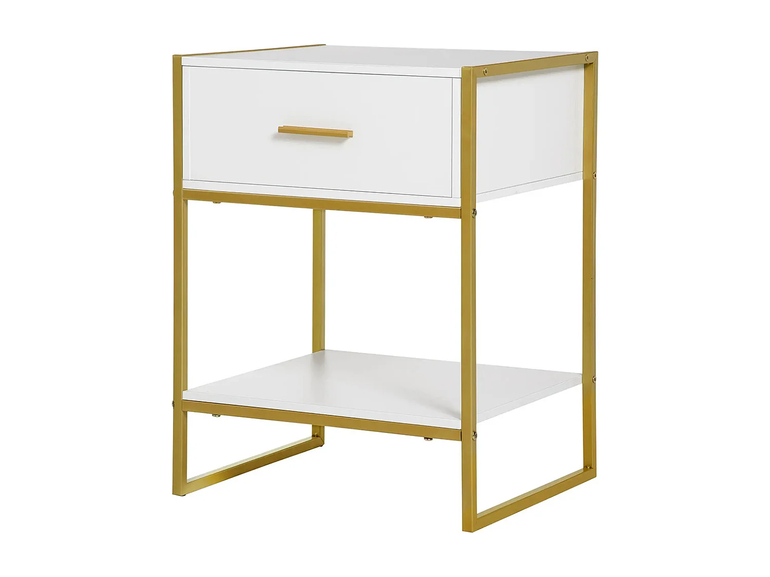 Table de chevet avec tiroirs, étagères et poignées, structure en acier, dimensions : 45 x 40 x 60 cm, couleur blanche.