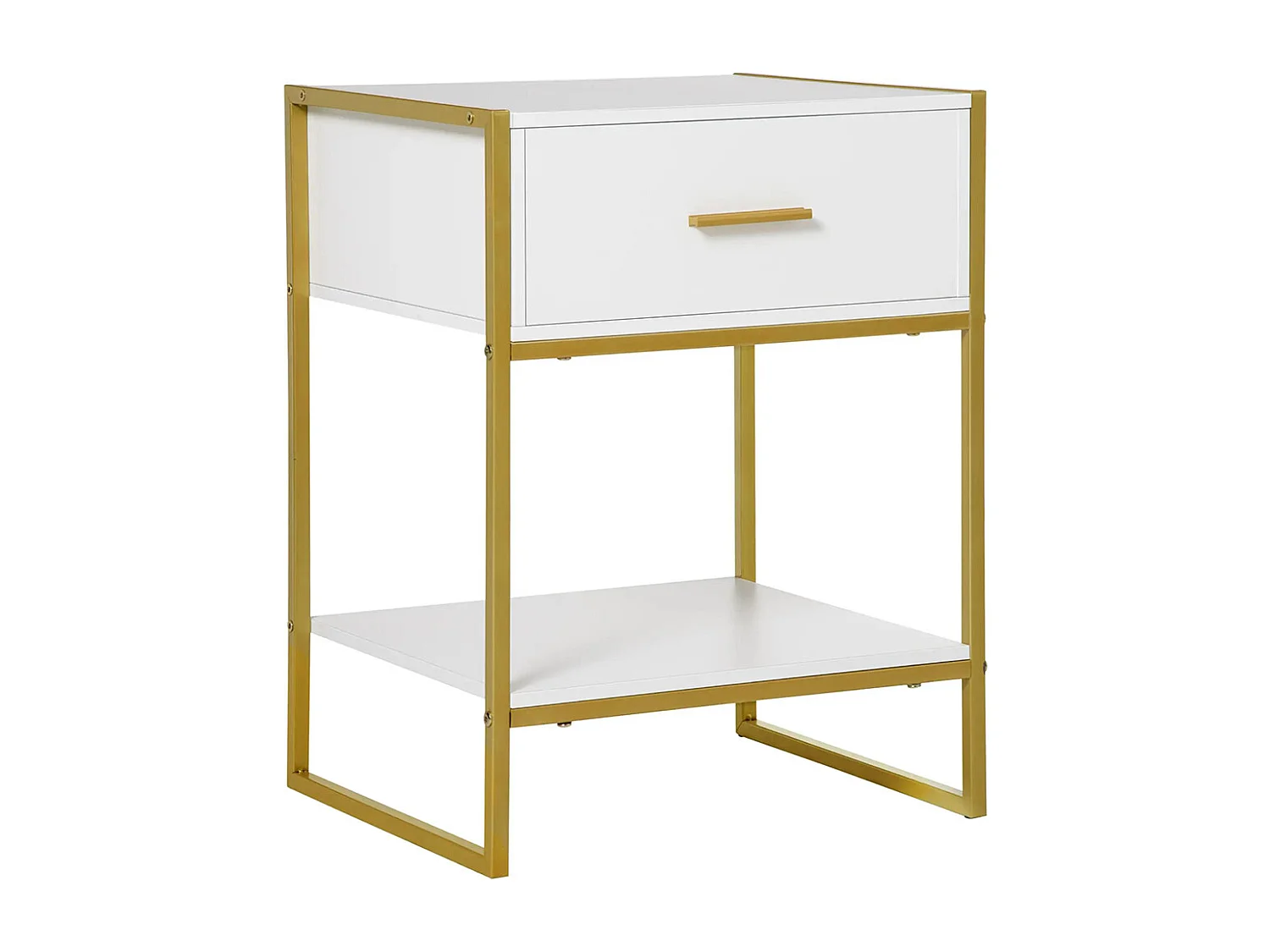 Table de chevet avec tiroirs, étagères et poignées, structure en acier, dimensions : 45 x 40 x 60 cm, couleur blanche.