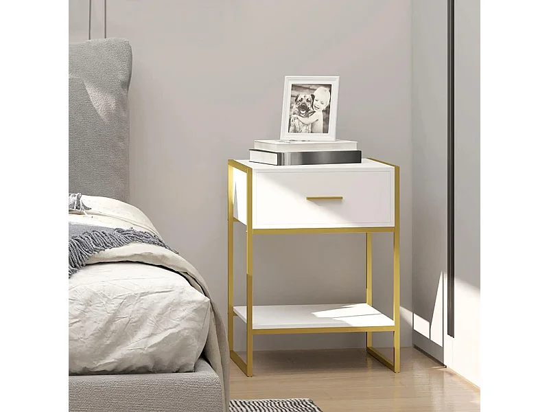 Table de chevet avec tiroirs, étagères et poignées, structure en acier, dimensions : 45 x 40 x 60 cm, couleur blanche.