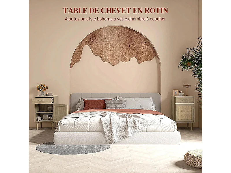Table de chevet avec armoire et cadre en rotin, 1 tiroir, style bohème - 40 x 40 x 68,5 cm, couleur naturelle