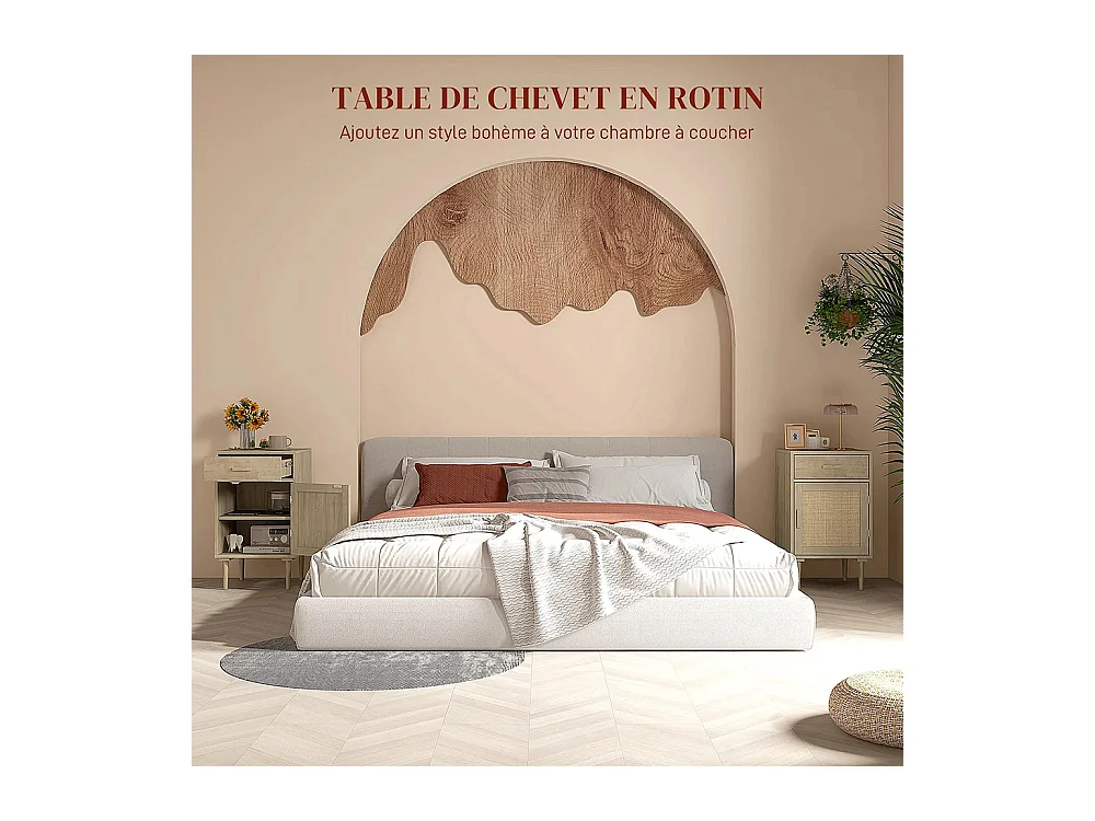 Table de chevet avec armoire et cadre en rotin, 1 tiroir, style bohème - 40 x 40 x 68,5 cm, couleur naturelle