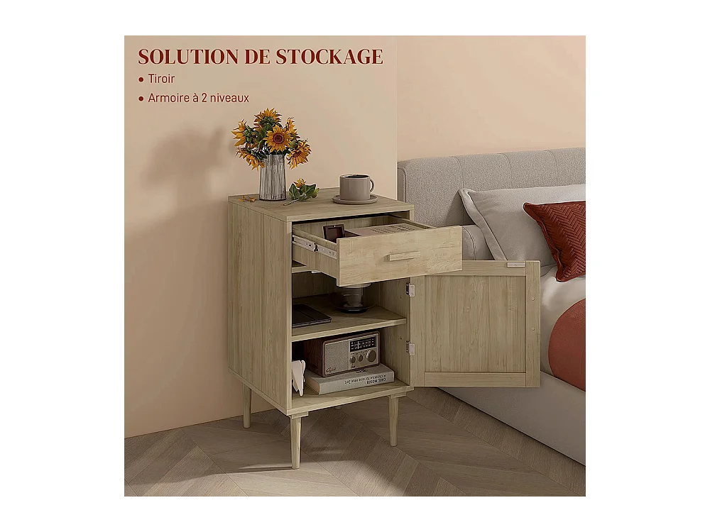 Table de chevet avec armoire et cadre en rotin, 1 tiroir, style bohème - 40 x 40 x 68,5 cm, couleur naturelle