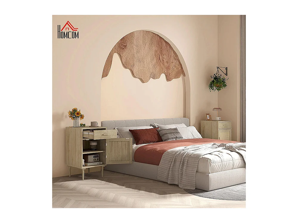 Table de chevet avec armoire et cadre en rotin, 1 tiroir, style bohème - 40 x 40 x 68,5 cm, couleur naturelle