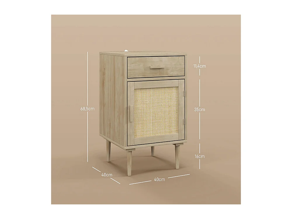 Table de chevet avec armoire et cadre en rotin, 1 tiroir, style bohème - 40 x 40 x 68,5 cm, couleur naturelle
