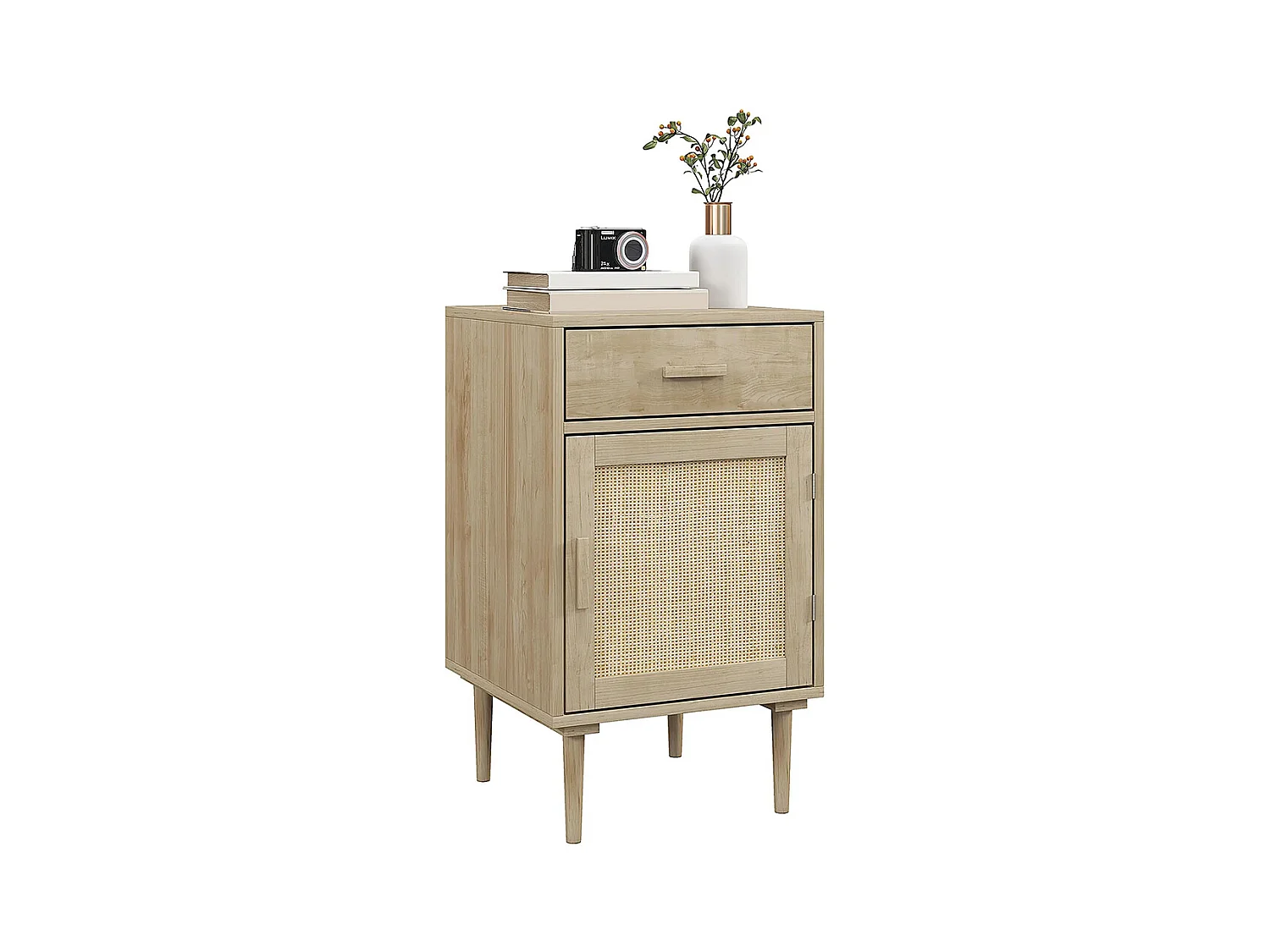 Table de chevet avec armoire et cadre en rotin, 1 tiroir, style bohème - 40 x 40 x 68,5 cm, couleur naturelle