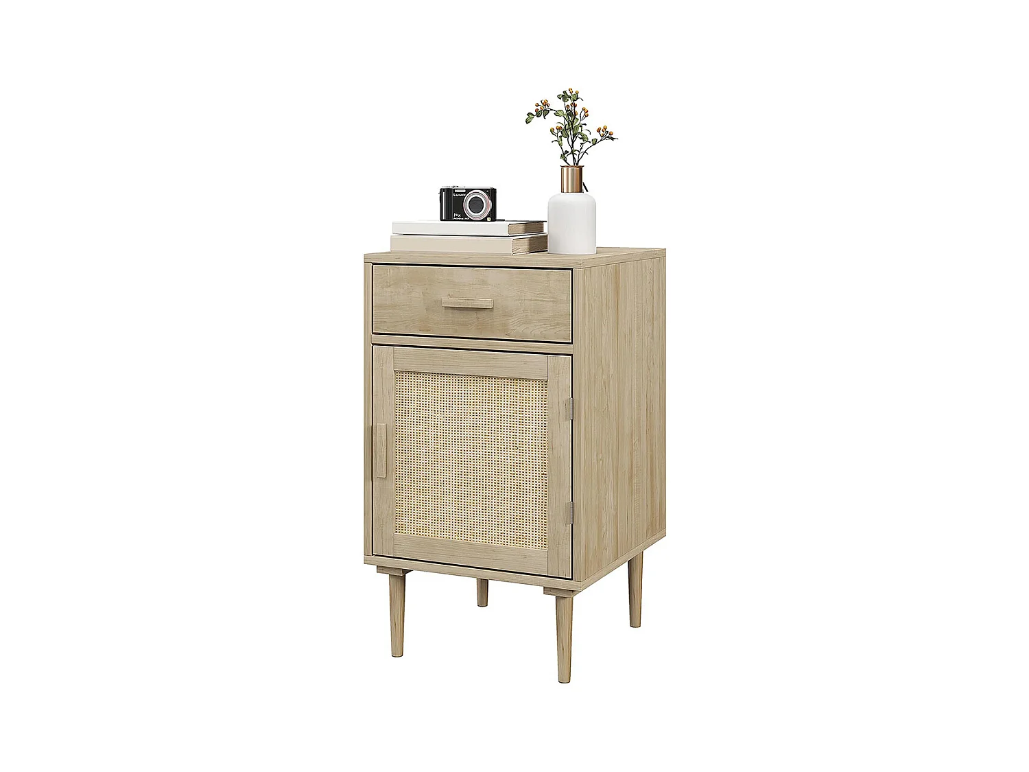 Table de chevet avec armoire et cadre en rotin, 1 tiroir, style bohème - 40 x 40 x 68,5 cm, couleur naturelle