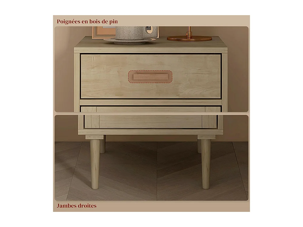 Table de chevet avec armoire et cadre en rotin, 1 tiroir, style bohème - 40 x 40 x 68,5 cm, couleur naturelle