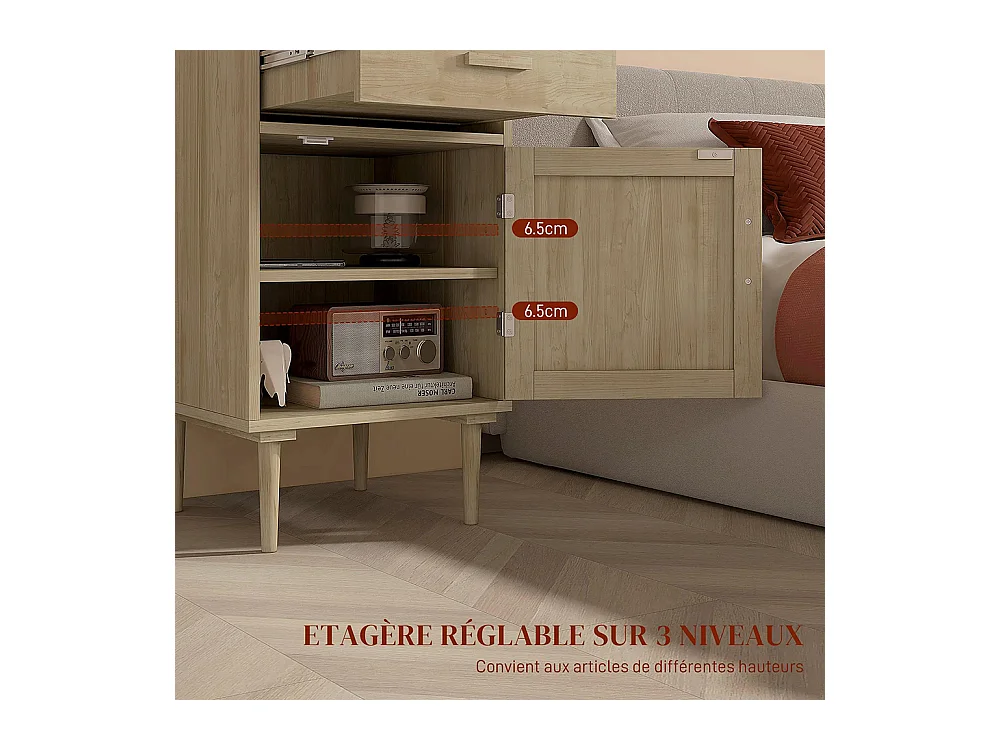 Table de chevet avec armoire et cadre en rotin, 1 tiroir, style bohème - 40 x 40 x 68,5 cm, couleur naturelle