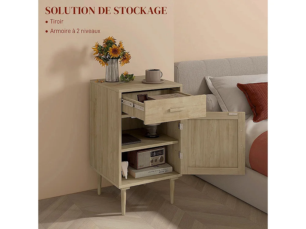 Table de chevet avec armoire et cadre en rotin, 1 tiroir, style bohème - 40 x 40 x 68,5 cm, couleur naturelle