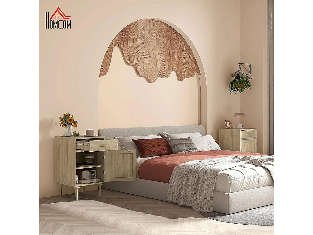 Table de chevet avec armoire et cadre en rotin, 1 tiroir, style bohème - 40 x 40 x 68,5 cm, couleur naturelle