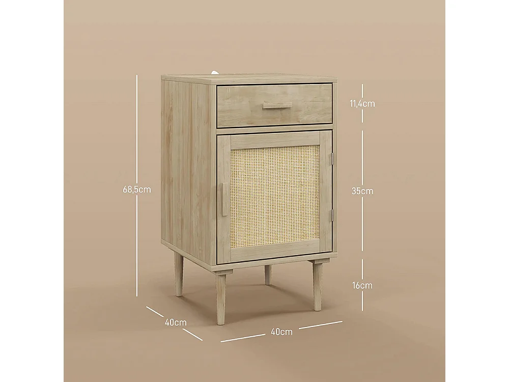 Table de chevet avec armoire et cadre en rotin, 1 tiroir, style bohème - 40 x 40 x 68,5 cm, couleur naturelle