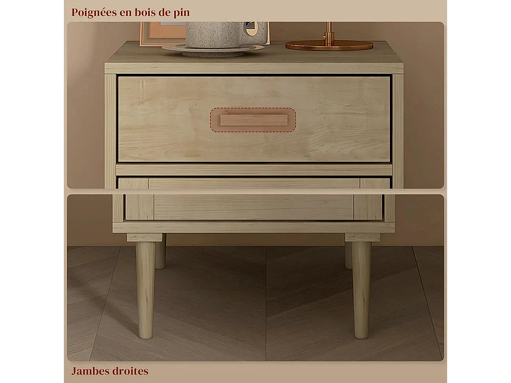 Table de chevet avec armoire et cadre en rotin, 1 tiroir, style bohème - 40 x 40 x 68,5 cm, couleur naturelle